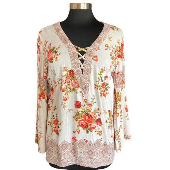Angie Cream Red Rose Floral Print Tunic Top Flared Sleeves Sz Small Boho Cottage - Picture 1 of 9